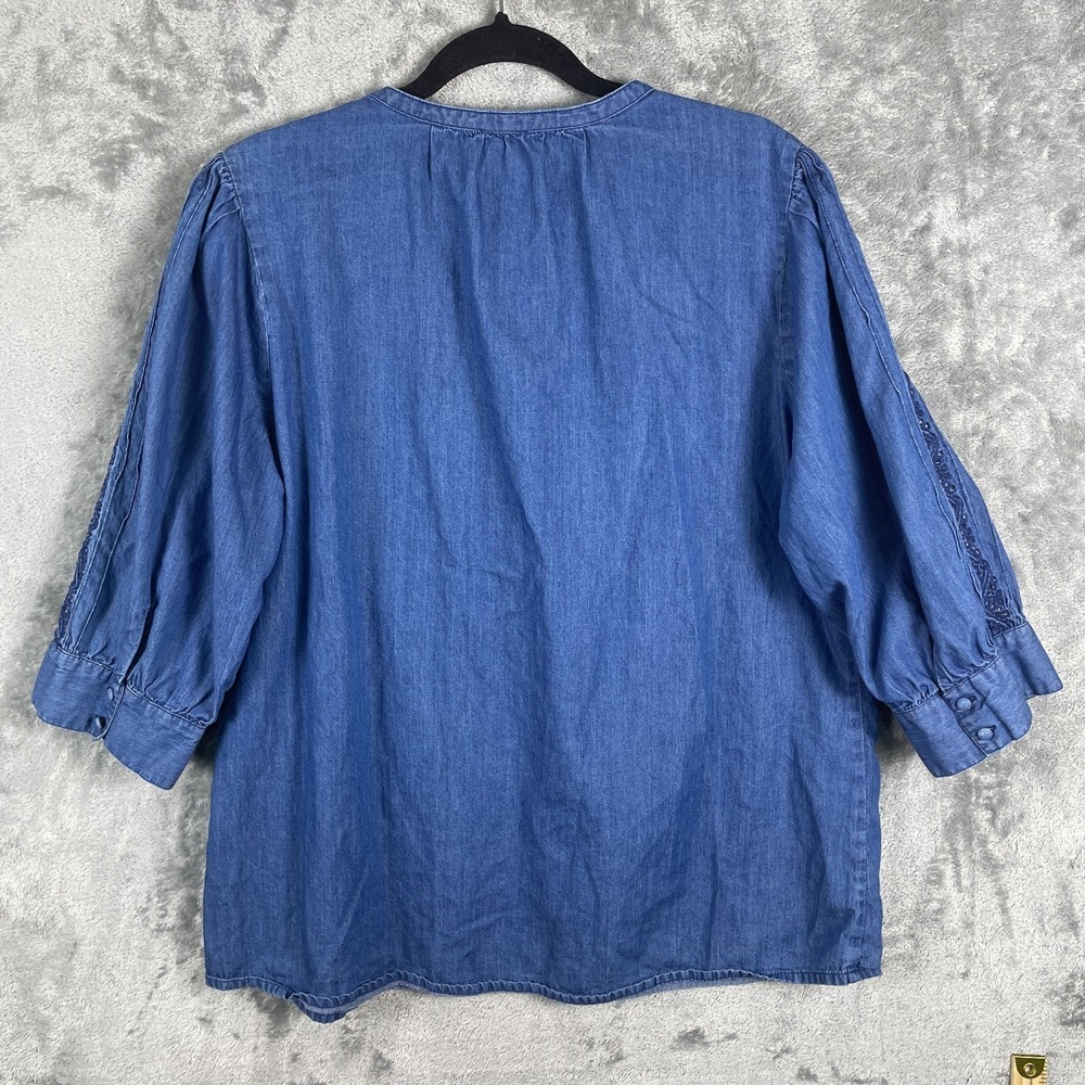 Chicos Embroidered Denim Top Womens 3 / XL Blue 3/4 Balloon Sleeve Boho Popover - Picture 5 of 9